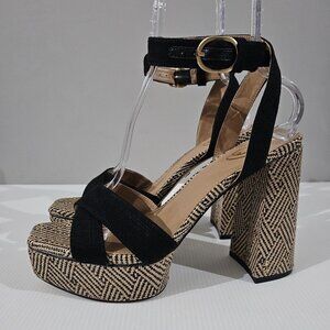 Sam Edelman Nolita Platform Block Heel Sandal Womens 10.5 Black Linen Chunky NEW